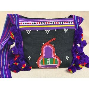 Handmade Hmong Pom Pom Shoulder Bag Black Purple Embroidered Boho Festival Purse